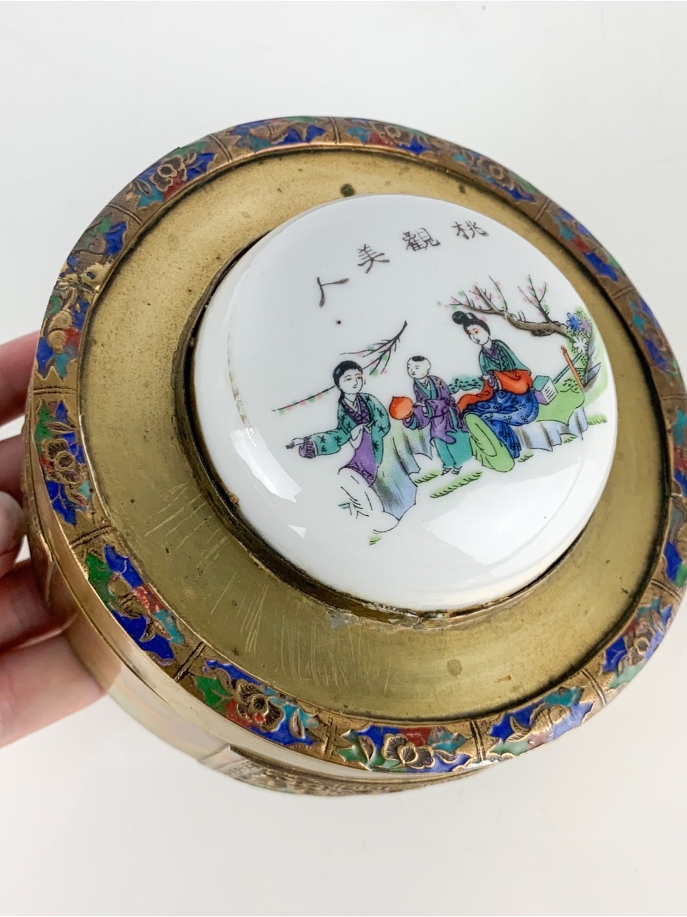 Vintage Hand Painted Floral Chinese Brass Enamel Porcelain Powder Trinket Box